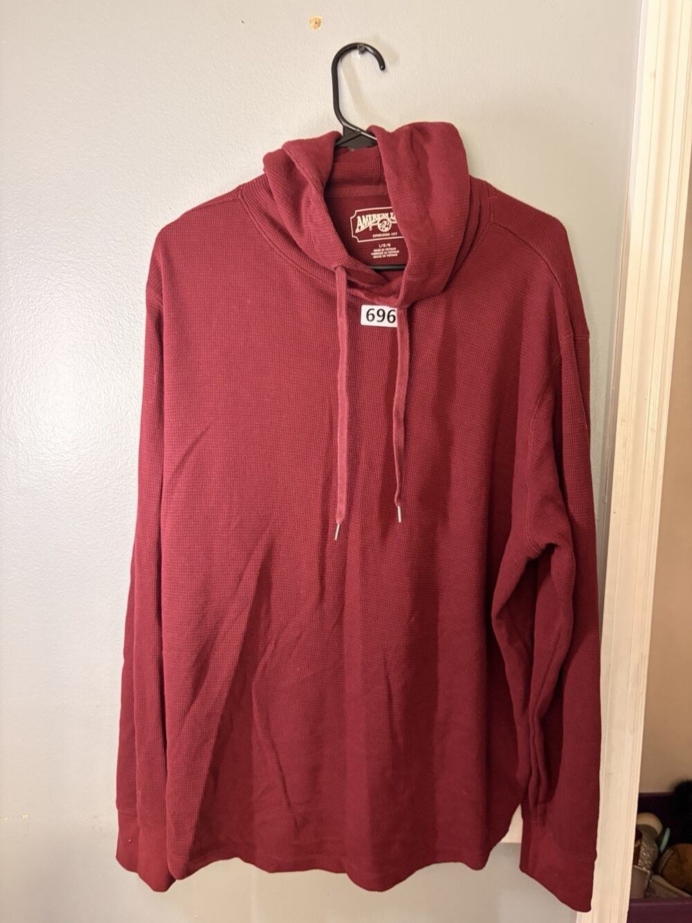 American Eagle Top Hoodie Red Maroon Long Sleeve Sweatshirt Thermal Burgundy LG